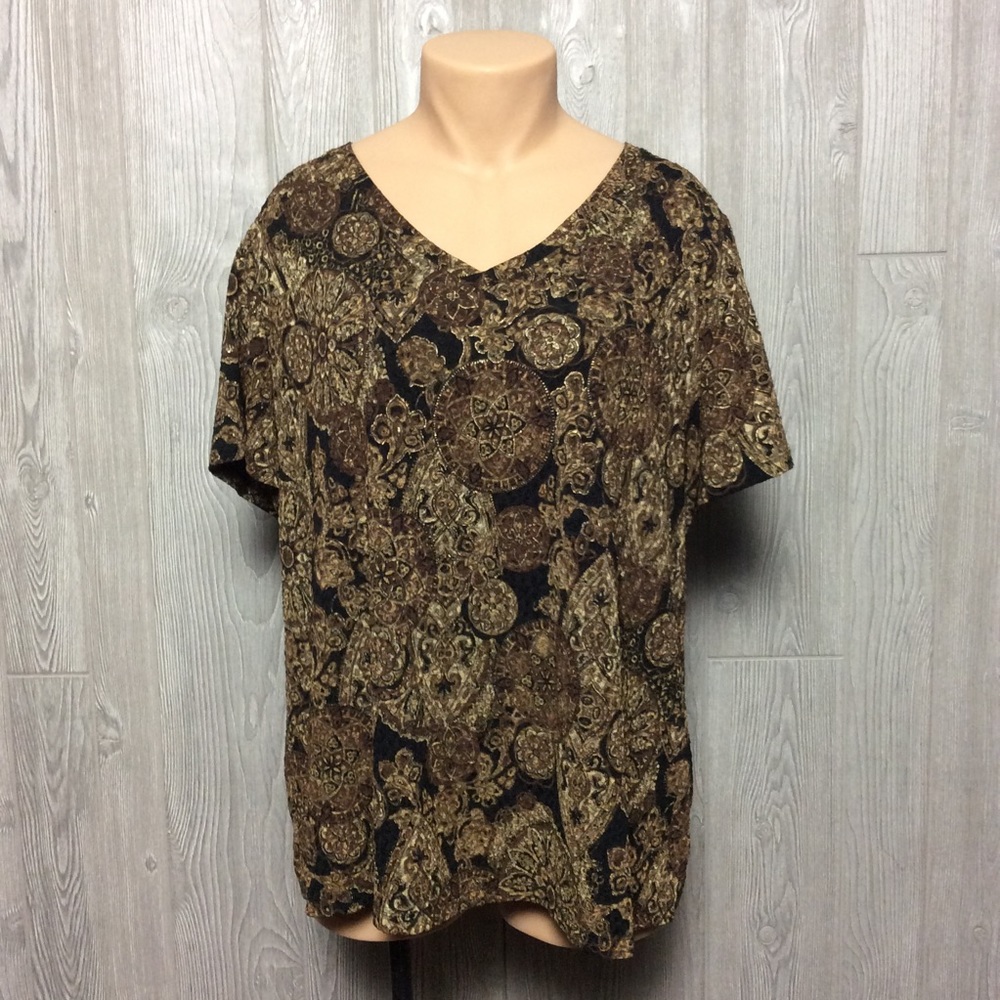 White Stag Womens Gold Black Metallic Floral Stretch Knit Blouse 3X PLUS SIZE